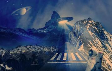 Wallpaper Rays Landscape Mountains Planet Ufo Astronaut