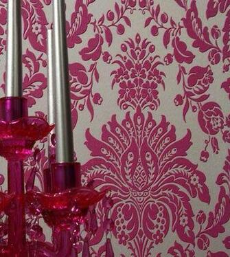 Elizabeth Pink And Silver Faux Flocked Retro Modern Damask Wallpaper
