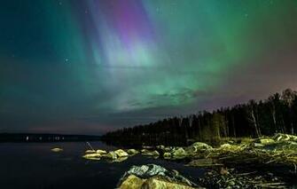 Wallpaper Sweden Northern Lights Sky Stars Trees Rocks