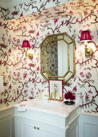 Gold Faux Bamboo Mirror Pink Brown Chinoiserie Wallpaper Chair