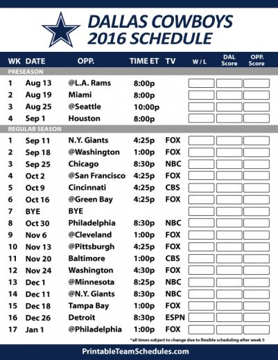 Printable Dallas Cowboys Schedule