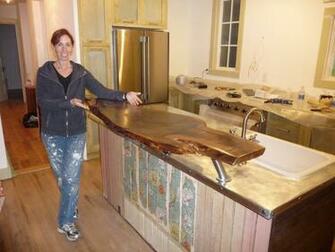 With Walnut Slab Bar Counter And Antique Wallpaper On Beadboard Accent