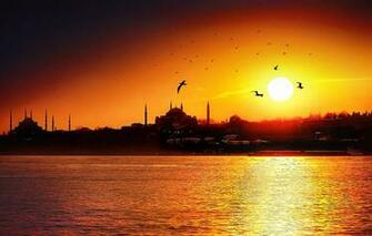 Wallpaper Sunset Strait Silhouette Mosque Istanbul Turkey