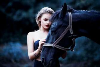 Beautiful Girl Black Horse Outdoor Wallpaper And Stock