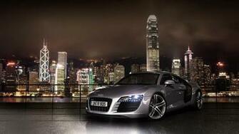 Cities Cars Audi R8 Skyscraper Illumination Nightlife