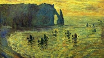 Cliffs Sailboats Claude Monet Cove Impressionism Wallpaper