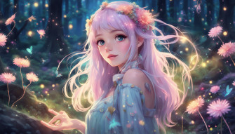 Design A High Definition Wallpaper Featuring Cute Anime Girl With Pastel Colored Hair Wearing Dazzling Array Of Sparkly Accessories And Whimsical Flowy Outfit The Background Should Be Dreamy Enchanted Forest Glowing Fireflies Colorful Flowers Overall Vibe Magical Perfect For Anyone Who Loves Touch Fantasy In Their Daily Life