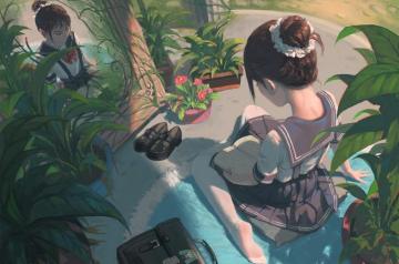 Anime School Girl Uniform Reading Book Relaxing