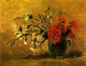 Vase With Red And White Carnations On A Yellow Background