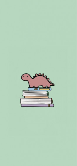 A Pink Dinosaur Sitting On Top Of Pile Books Next To Green Wall Wallpaper