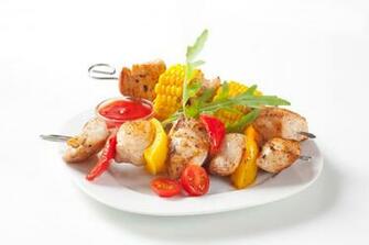 Kebabs Dishes Vegetables Corn Plate White Background Stock