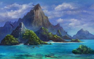 Wallpaper Paradise The Ocean Sea Mountains Dragon Rocks Ship
