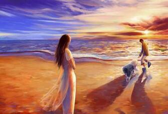 Wallpaper Beach Couple Dog Art Paint Sea Desktop