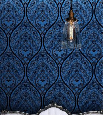 Royal Vintage Velvet Flocked Wallpaper Roll Mystery Blue Black