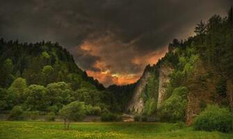 Spring River Storm Clouds Forest Hill Trees Grass Wildflowers