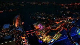 Japan Night Bay Lights Wheel Metropolis Wallpaper Background 4k