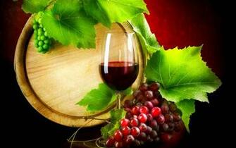 Red Color Wine With Grapes And Its Leaves