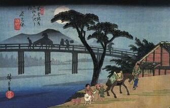 Trees Moon Japanese Bridges Horses Artwork Ukiyoe Hiroshige