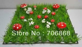 Plastic Grass Mat With Red Mushroom And White Flower