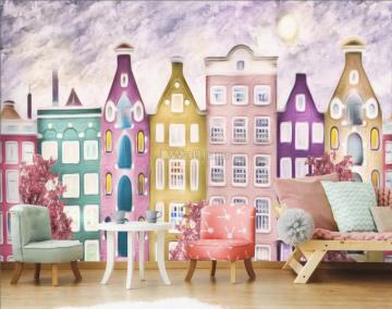 Dutch Style Colorful Houses And Red Trees Wallpaper Mural For Kids