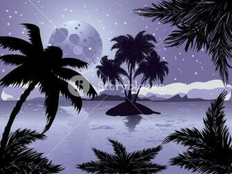 Palm Trees Silhouette On Night Tropic Beach Background With