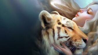 Fantasy Girl Caress The Tiger Artwork Wallpaper