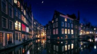 Wallpaper Amsterdam Netherlands Canal Night Time Cities