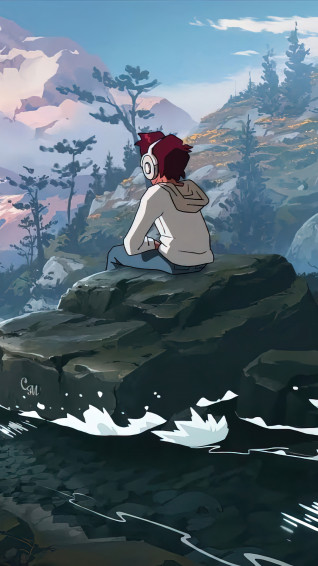 Anime Boy Mountain River Secenery Wallpaper iPhone Phone 4k 1490f