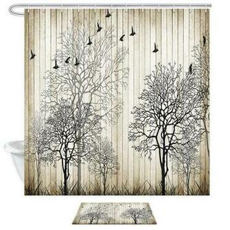 Amazon Rustic Wood Wallpaper Shower Curtain Bath Rug Set