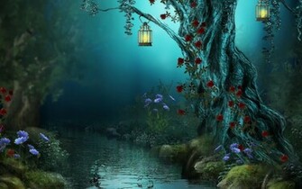 Fantasy Landscape Art Trees Flowers Rivres Wallpaper