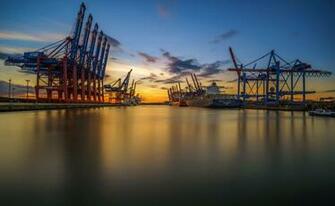 Gray Metal Building Structure Hamburg Harbor Cranes Machine
