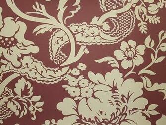 Damask Style Wallpaper Printed In Beige On A Burgundy Background