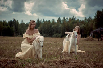 4k Russian Hunting Sighthound Dogs Blonde Girl Two Wallpaper