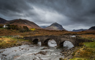 Wallpaper House River Sky Bridge Land Mountains Clouds