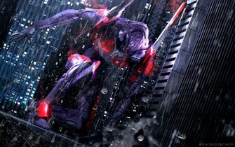 Genesis Evangelion Anime Mecha Robot Buildings Raining HD Wallpaper