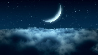 Flying Through Dense Clouds At Night With Beautiful Crescent Moon And Twinkling Stars In The Wallpaper