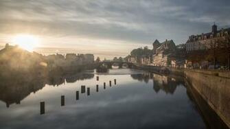 Wallpaper Sunrise River Bridge Houses Morning Fog Laval