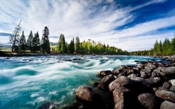 River Clean Water Round Stones Blue Sky Fan Of Clouds