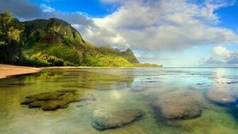 Beach And Green Mountains HD Desktop Background Wallpaper