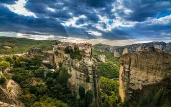 Wallpaper Kalambaka Greece Trees Mountains Houses Height