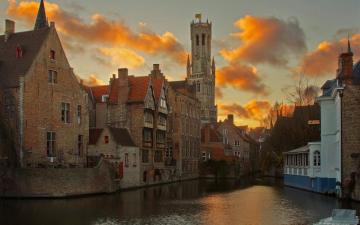 Wallpaper Bruges Belgium River Houses Clouds Dusk Belfry Of