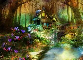 3d Nature Phantasmagoria Fantasy Flowers Forest Trees House