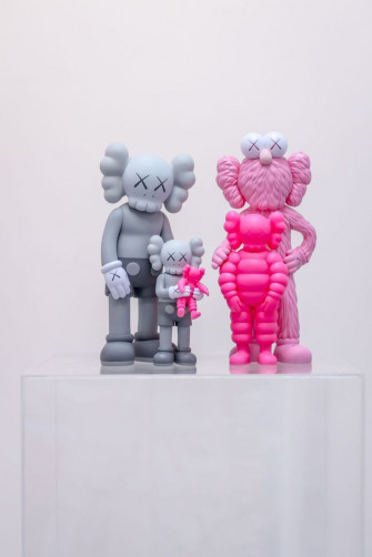 Kaws Family Grey Pink Kunsthuizen In Roze Wallpaper