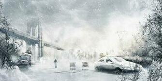 Car City Snow Man Winter Art Police Storm Bridge Wallpaper Background
