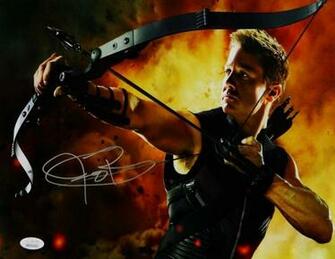 Jeremy Renner Autographed Hawkeye Photo Fire Background Jsa