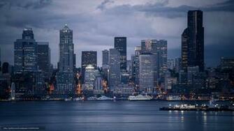 Wallpaper Seattle Skyline City Ships Evening Desktop