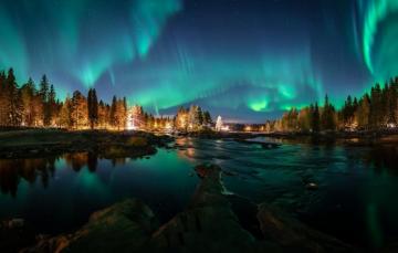 Wallpaper Aurora Borealis Night Autumn Colors Reflection