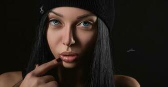 Women Face Blue Eyes Black Background Closeup