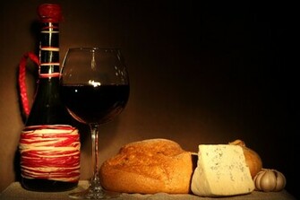 Bottle Glass Wine Red Cheese Bread Onions Garlic Wallpaper