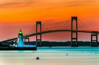 Sunset Over Lighthouse And Bridge In Newport Rhode Island HD
